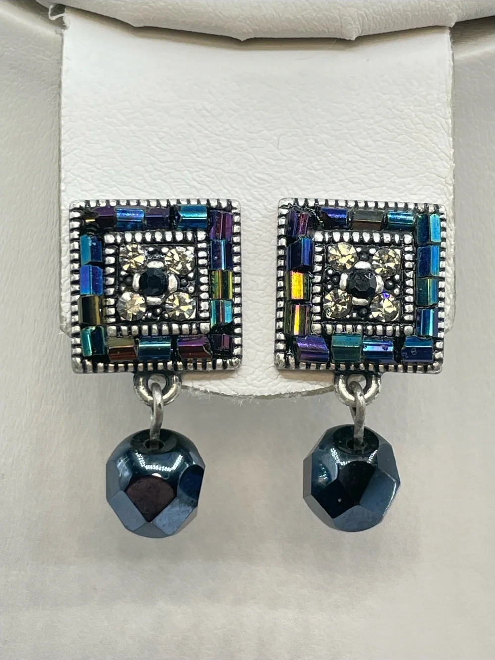 Vintage Silver Tone Blue Crystal Glass Art Deco Dangle Stud Earrings
